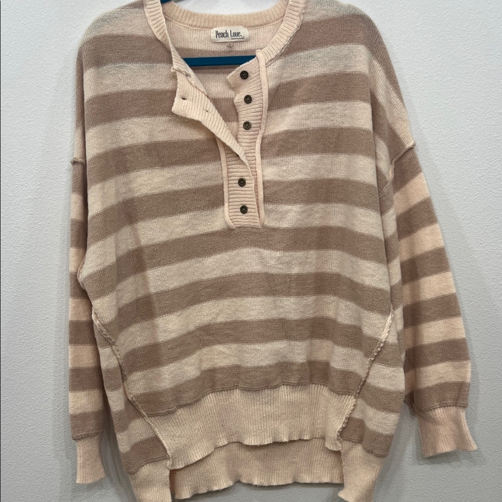 Peach Love California Taupe and Cream Striped Sweater
